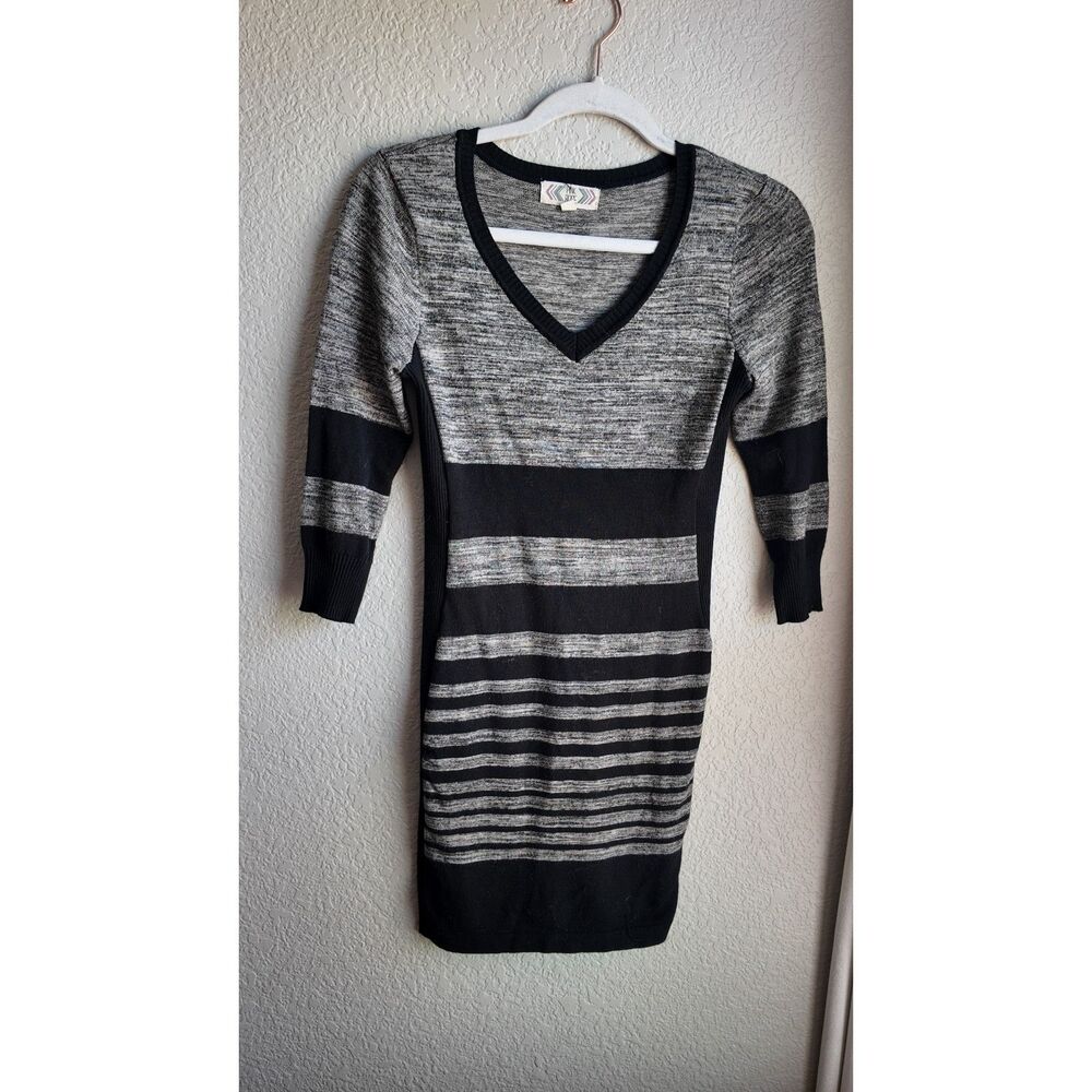 Pink Rose Petite M Black Gray Striped Sweater Dress V Neck Bodycon Knit